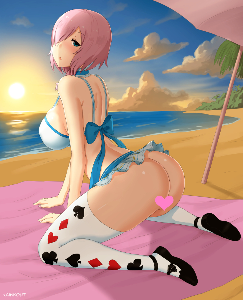 1girl beach breasts censored dead_or_alive heart heart_censor huge_breasts luna_(doa) ocean outdoors pink_hair