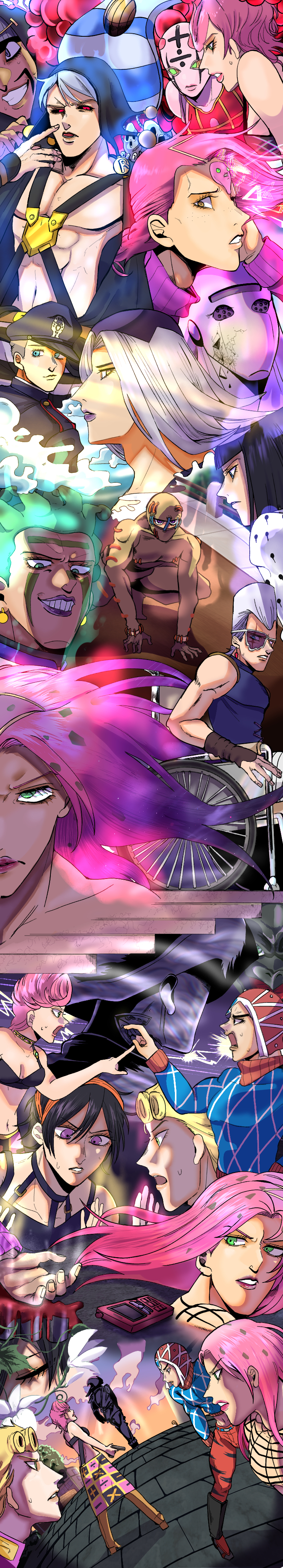 418monami absurdres blood blood_on_ground bodysuit bruno_bucciarati cellphone chariot_requiem cioccolata cloud diavolo epitaph_(jojo) facial_mark giorno_giovanna guido_mista highres jean_pierre_polnareff jojo_no_kimyou_na_bouken king_crimson_(stand) leone_abbacchio long_image moody_blues_(stand) multiple_persona narancia_ghirga oasis_(stand) pannacotta_fugo phone pink_hair polka_dot_hair risotto_nero secco sex_pistols_(stand) striped sweater tall_image trish_una vento_aureo vinegar_doppio wheelchair