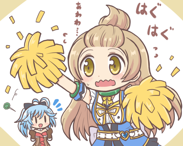 2girls :d azumi_hagumu azumi_hagumu_(cosplay) bad_id bad_twitter_id bangs_pinned_back blonde_hair blue_dress blue_hair brown_gloves cheering cheerleader commentary_request cosplay costume_switch dress gloves holding holding_pom_poms long_hair magia_record:_mahou_shoujo_madoka_magica_gaiden magical_girl mahou_shoujo_madoka_magica multiple_girls nervous notice_lines open_mouth pom_pom_(cheerleading) pom_poms reverse_(bluefencer) sidelocks smile solid_oval_eyes solo_focus translation_request utsuho_natsuki utsuho_natsuki_(cosplay) wavy_mouth