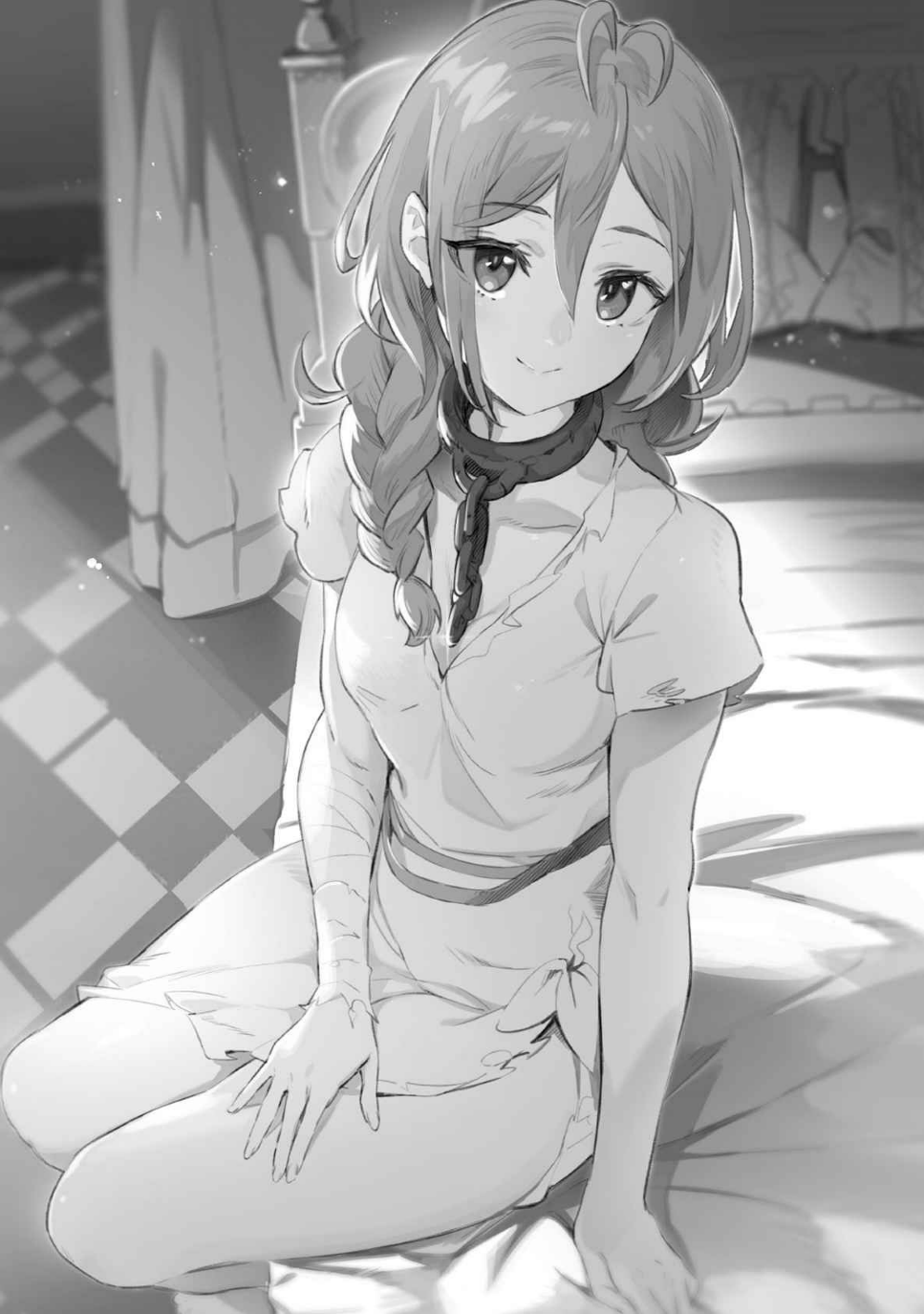 1girl bandages braid breasts chain cleavage collar excela_(zangyaku_sugiru_isekai_demo_suzuki_wa_kawaii) highres medium_breasts monochrome ookuma_nekosuke slave smile thighs zangyaku_sugiru_isekai_demo_suzuki_wa_kawaii