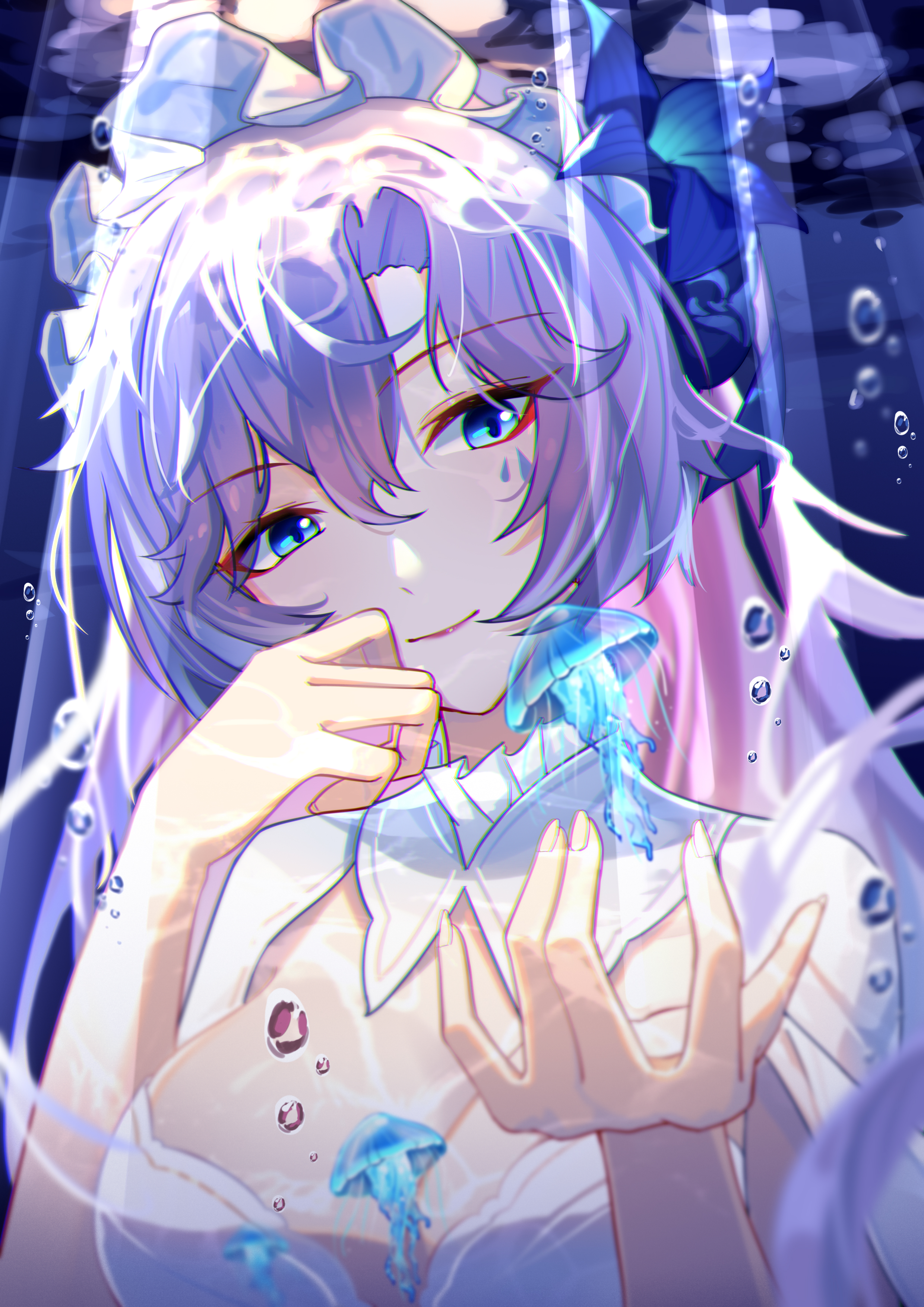 1girl absurdres blue_eyes blue_flower breasts bubble cantarella_(wuthering_waves) chinese_commentary closed_mouth commentary_request facial_mark fingernails flower hair_between_eyes hair_flower hair_ornament hand_up headdress highres jellyfish large_breasts long_hair looking_at_viewer mark_under_eye purple_hair shrug_(clothing) smile solo underwater upper_body white_shrug wuthering_waves zuiai_gongzhu_dianxia