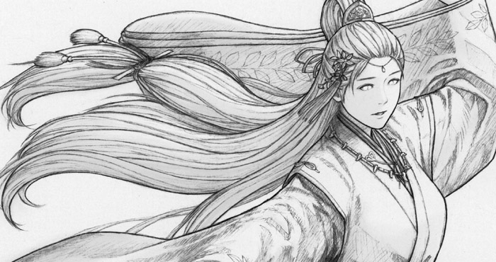 1girl ame_no_uzume_(megami_tensei) atlus demon_(megami_tensei) female_focus fuji_(d38635s10) greyscale hair_ornament hair_rings japanese_clothes jewelry long_hair low-tied_long_hair monochrome necklace sega shin_megami_tensei shin_megami_tensei_i solo upper_body very_long_hair wide_sleeves