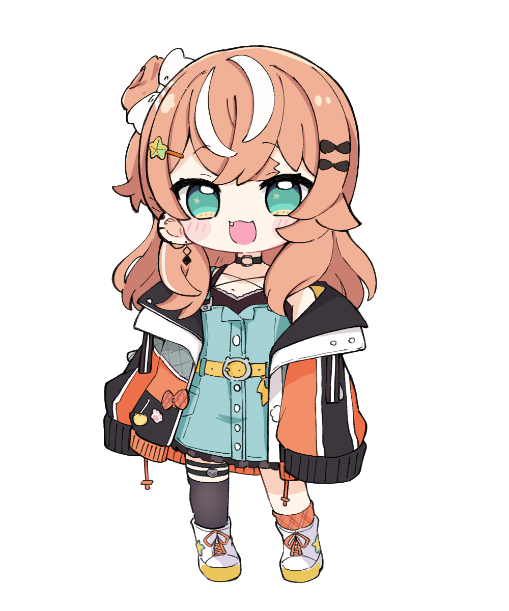 1girl :d asymmetrical_legwear black_bow black_thighhighs blue_dress blush_stickers boots bow brown_hair brown_jacket brown_socks chibi commentary dress fang frilled_dress frills full_body green_eyes hair_bow hair_bun highres igarashi_rika jacket long_hair long_sleeves looking_at_viewer multicolored_hair nijisanji nozo_(hitomiz) one_side_up open_clothes open_jacket open_mouth plaid_clothes plaid_socks puffy_long_sleeves puffy_sleeves simple_background single_side_bun single_sock single_thighhigh sleeveless sleeveless_dress sleeves_past_fingers sleeves_past_wrists smile socks solo standing streaked_hair thighhighs virtual_youtuber white_background white_boots white_bow white_hair