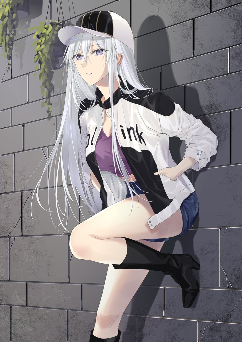 1girl against_wall azur_lane baseball_cap black_boots blue_shorts boots breasts camisole concrete enterprise_(azur_lane) hand_in_pocket hanging_plant hat highres jacket knee_boots leaning long_hair long_sleeves looking_at_viewer medium_breasts open_clothes open_jacket platform_boots platform_footwear purple_camisole purple_eyes shadow short_shorts shorts suprii thighs white_hair white_jacket