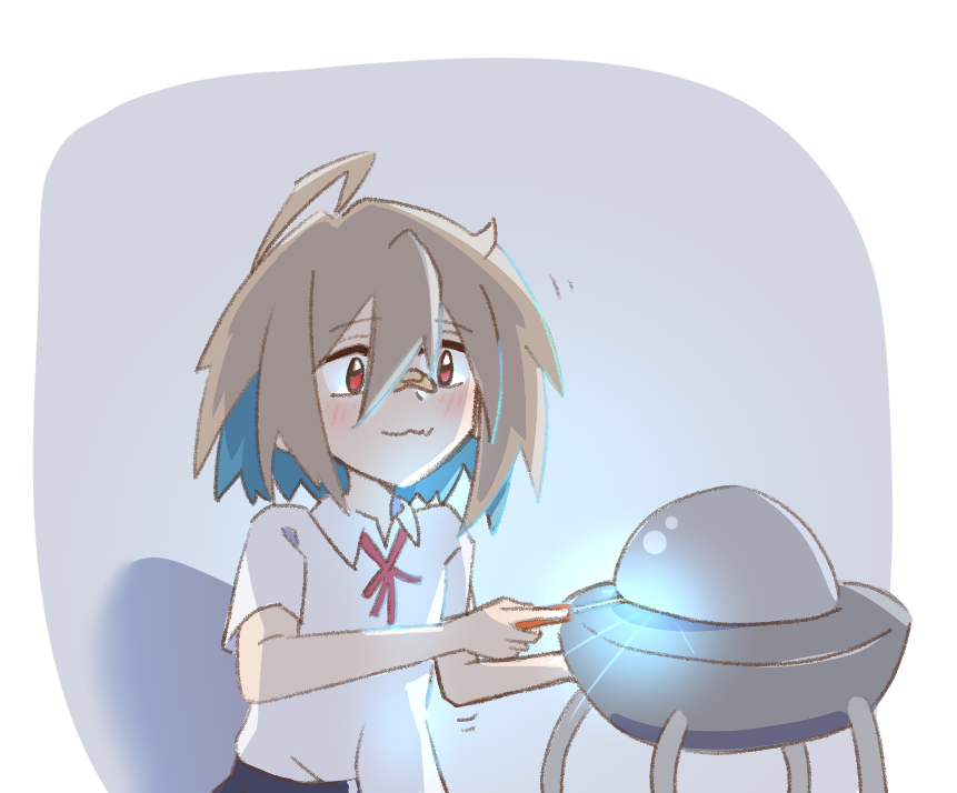 1girl :3 ahoge bandaid bandaid_on_face bandaid_on_nose black_skirt blue_hair blush brown_hair cherenkov_radiation collared_shirt commentary_request demon_core do_it_yourself!! glowing hair_between_eyes holding holding_screwdriver incomp medium_hair multicolored_hair neck_ribbon red_eyes red_ribbon ribbon school_uniform screwdriver shadow shirt shirt_partially_tucked_in simple_background skirt solo trembling upper_body white_background white_shirt yua_serufu