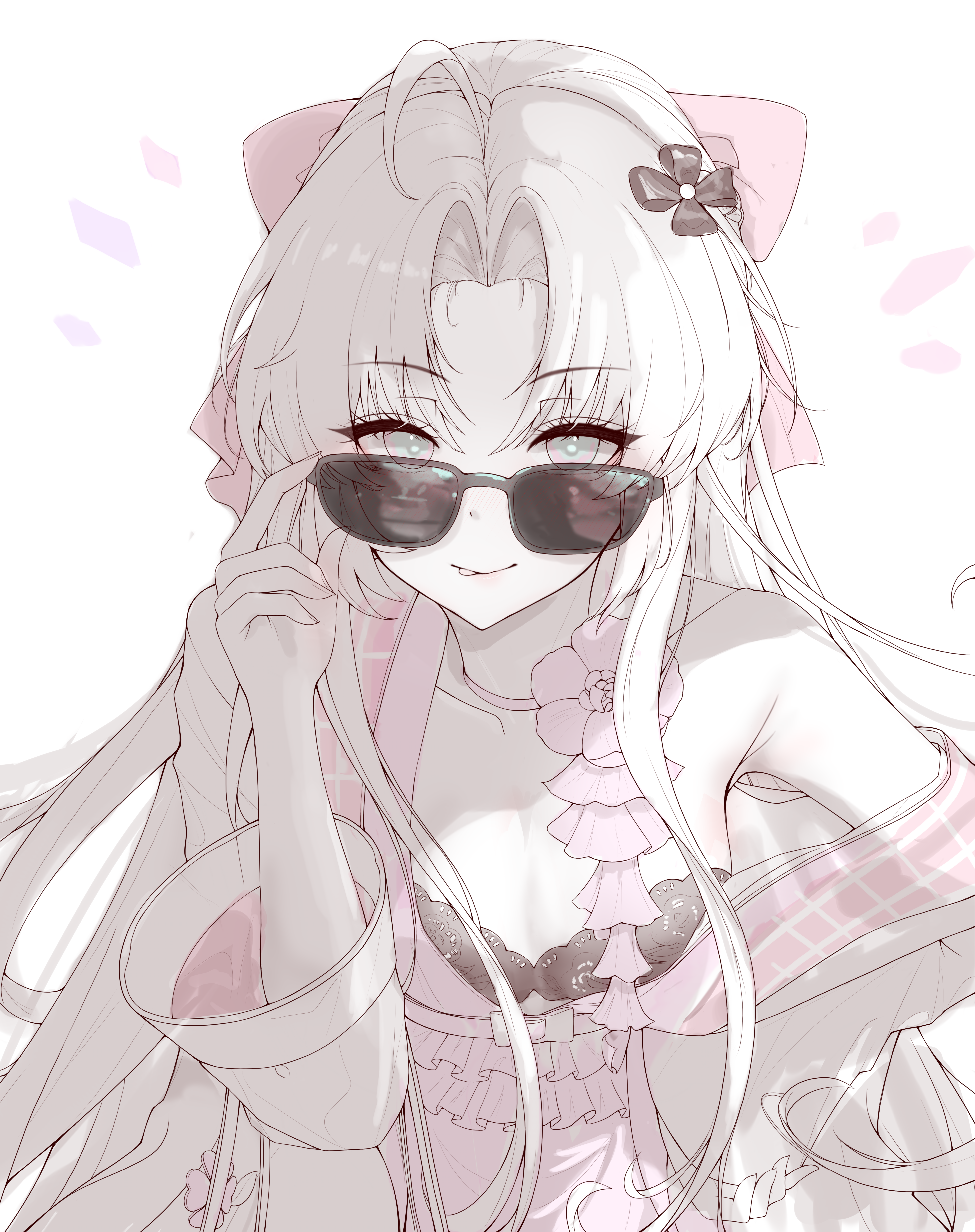 1girl :p absurdres ahoge aqua_eyes black_bra bow bra breasts carlotta_(wuthering_waves) collarbone cowboy_shot dress hair_bow hair_ornament highres jacket leaning_forward lilac_(k32420276) limited_palette long_hair looking_at_viewer looking_over_eyewear missing_commentary official_alternate_costume parted_bangs pink_bow pink_dress simple_background single_bare_shoulder single_off_shoulder sketch small_breasts smile solo sunglasses tongue tongue_out underwear very_long_hair white_background white_hair white_jacket wuthering_waves