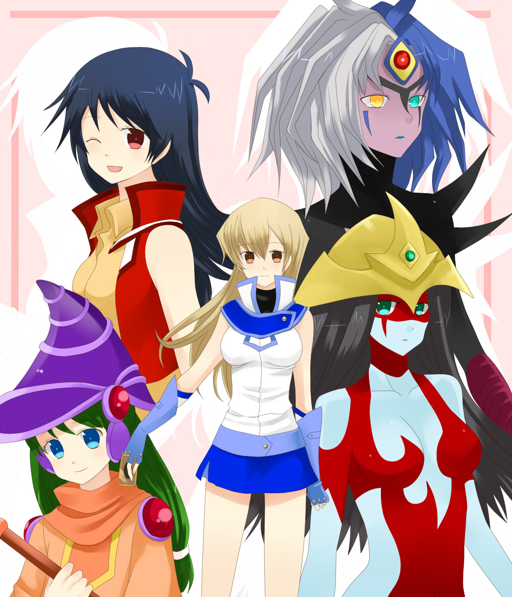 5girls bad_id bad_pixiv_id black_hair blonde_hair blue_hair blush brown_eyes burstinatrix card_ejector colored_skin demon_girl duel_academy_uniform_(yu-gi-oh!_gx) duel_monster elemental_hero_burstinatrix everyone gloves green_hair hat long_hair mir_(artist) mir_(pixiv) multicolored_hair multiple_girls obelisk_blue_uniform osiris_red_uniform purple_skin saotome_rei school_uniform serafuku skirt smile split-color_hair tenjouin_asuka white_hair witch witch_hat wizard_hat yu-gi-oh! yu-gi-oh!_gx yubel