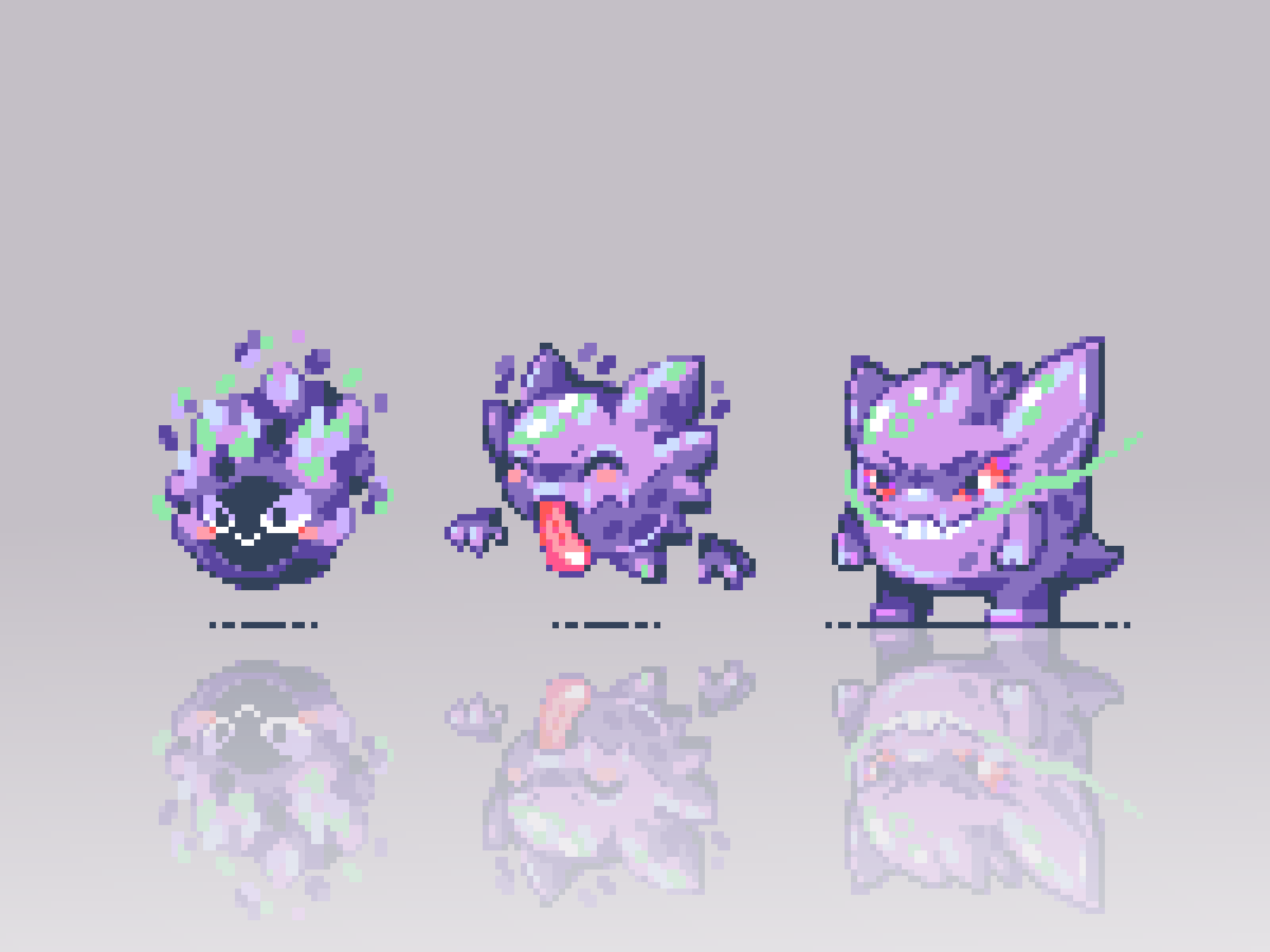 aura closed_eyes colored_skin commentary dark_aura english_commentary evolutionary_line floating gastly gen_1_pokemon gengar grey_background grin haunter highres nintendo pixel_art pokemon pokemon_(creature) purple_skin red_eyes reflection robin_(pixelated_robin) simple_background smile teeth tongue tongue_out