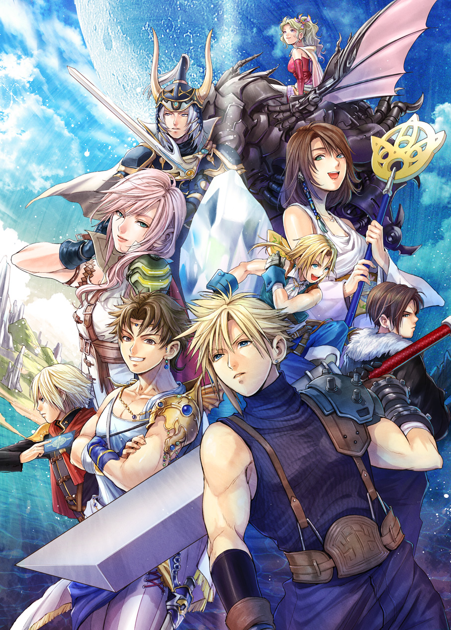 00s 10s 1990s_(style) ace_(fft-0) blue_sky bartz_klauser cloud_strife dissidia_final_fantasy final_fantasy final_fantasy_i final_fantasy_type-0 final_fantasy_v final_fantasy_vi final_fantasy_vii final_fantasy_viii final_fantasy_x final_fantasy_xiii highres lightning_farron magitek_armor moon natsu_mikan_(level9) retro_artstyle sky spiked_hair squall_leonhart staff sword tina_branford warrior_of_light_(ff1) weapon yuna