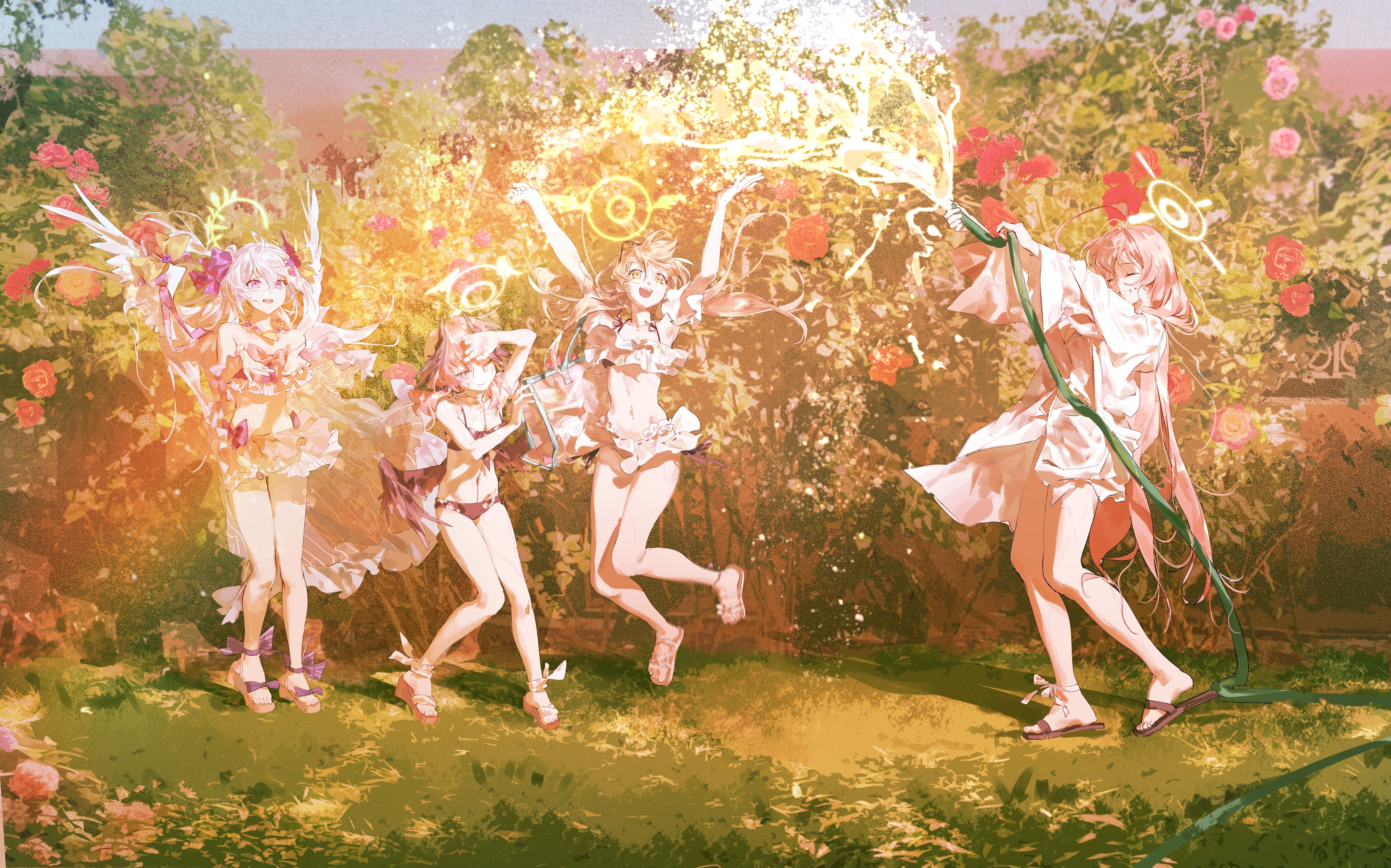 4girls absurdres angel_wings arms_up azusa_(blue_archive) azusa_(swimsuit)_(blue_archive) bikini black_bikini blonde_hair blue_archive bow breasts dress_shirt floating_hair floral_print_bikini frilled_bikini frills grass hair_bow halo hanako_(blue_archive) hanako_(swimsuit)_(blue_archive) head_wings hifumi_(blue_archive) hifumi_(swimsuit)_(blue_archive) highres holding holding_hose hose jumping koharu_(blue_archive) koharu_(swimsuit)_(blue_archive) long_hair low_twintails low_wings medium_hair multiple_girls official_alternate_costume one_eye_closed outdoors pink_hair sandals shirt small_breasts smile standing swimsuit twintails water white_bikini white_hair wings yu-y_(824412)