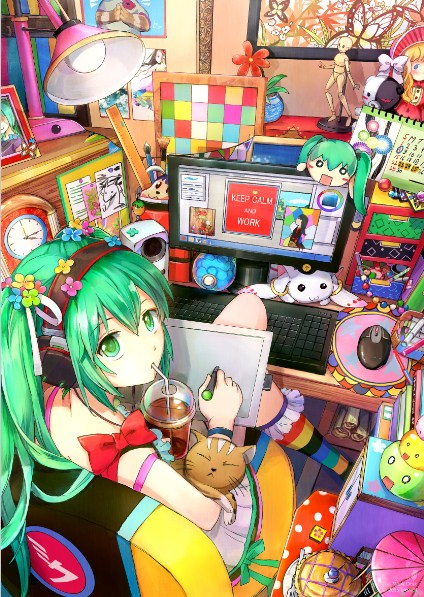 1girl black_headphones book bookshelf bow cat chair clock colorful computer_keyboard computer_mouse desk_lamp doll drawing_tablet drink flower frilled_thighhighs frills green_eyes green_hair hachune_miku hair_between_eyes hair_flower hair_ornament hatsune_miku holding holding_drink holding_stylus keep_calm_and_carry_on lamp mimi_n mousepad_(object) multicolored_thighhighs paper picture_frame plant pleated_skirt potted_plant red_bow red_flower sitting skirt solo striped_clothes striped_thighhighs stylus thighhighs vocaloid