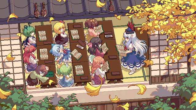 6+girls anger_vein antennae bird black_cape black_dress black_hair black_skirt blonde_hair blue_dress blue_hair blue_hat blue_pants book bow braid braided_ponytail brown_eyes brown_hair cape cirno classroom daiyousei dress fairy_wings frilled_dress frills from_outside game_cg ginkgo_leaf ginkgo_tree green_eyes green_hair green_shirt green_skirt hair_bow hair_ribbon hairband hat holding holding_book ice ice_wings kamishirasawa_keine kumio leaf long_hair long_sleeves medium_hair multiple_girls no_shoes orange_hair pants pink_ribbon puffy_short_sleeves puffy_sleeves purple_skirt red_eyes red_hair red_ribbon ribbon rumia shirt short_sleeves side_ponytail skirt sleeping socks sparrow table tatami team_9_(touhou) third-party_source touhou touhou_mystia&#039;s_izakaya tree twintails white_bow white_hair white_shirt white_socks wings wriggle_nightbug yellow_bow yellow_skirt