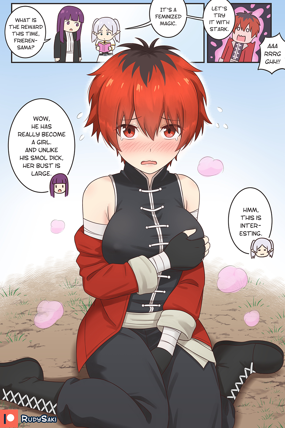 1boy 3girls aura bandaged_arm bandages between_legs black_footwear black_gloves black_pants blush book breasts casting_spell chibi chibi_inset chinese_clothes distress elf english_text fern_(sousou_no_frieren) flying_sweatdrops frieren genderswap genderswap_(mtf) gloves grabbing_own_breast grey_hair hand_between_legs highres holding holding_book kneeling large_breasts magic multicolored_hair multiple_girls on_ground pants pink_clouds pointy_ears purple_eyes purple_hair red_eyes red_hair rudy_saki smug sousou_no_frieren spell stark_(sousou_no_frieren) tearing_up transformation twintails two-tone_hair