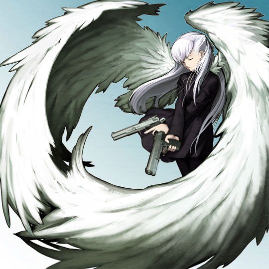 1girl angel_wings angelos_armas chuuou_higashiguchi closed_eyes cocked_hammer crossed_arms dress dual_wielding female_focus gun handgun henri holding jacket long_hair non-web_source pantyhose pistol short_dress solo weapon white_hair wind wind_lift wings