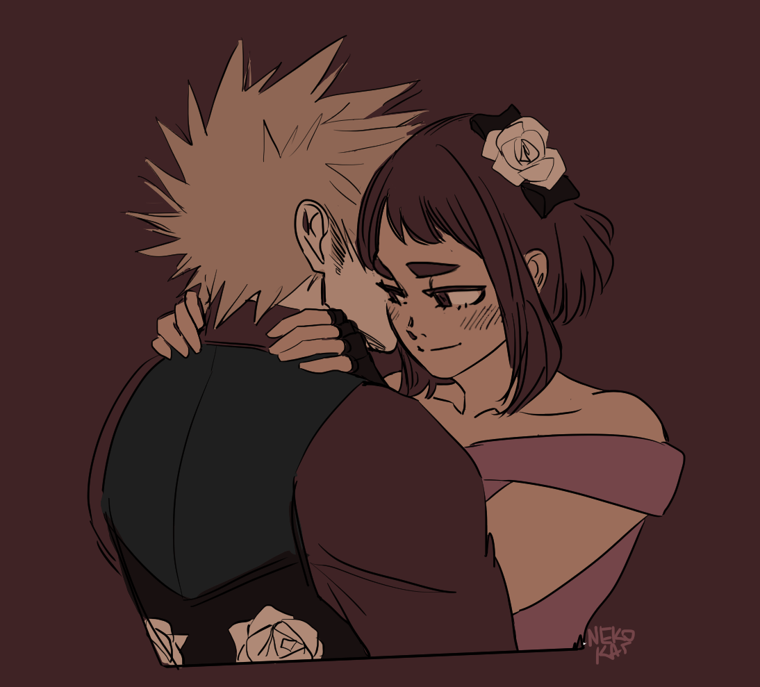 1boy 1girl alternate_costume artist_name bakugou_katsuki ballroom_dancing bare_shoulders black_gloves black_vest blonde_hair blush boku_no_hero_academia brown_background brown_eyes brown_hair brown_sleeves brown_suit collarbone covered_face dress fingerless_gloves flower formal_clothes gloves hair_flower hair_ornament hands_on_another's_shoulders heads_together hetero lowered_eyelids nekokat42 pink_dress short_hair sidelocks signature sleeveless sleeveless_dress smile spiked_hair suit thick_eyebrows upper_body uraraka_ochako vest white_flower