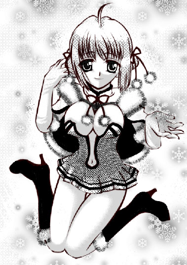 1girl 2000s_(style) ahoge boots breasts closed_mouth commentary_request creator_(ragnarok_online) double_bun dress full_body fur-trimmed_boots fur_trim greyscale hair_bun hair_ribbon hato_aria high_heel_boots high_heels kneeling large_breasts looking_at_viewer monochrome navel plunging_neckline ragnarok_online ribbon short_dress short_hair smile solo strapless strapless_dress