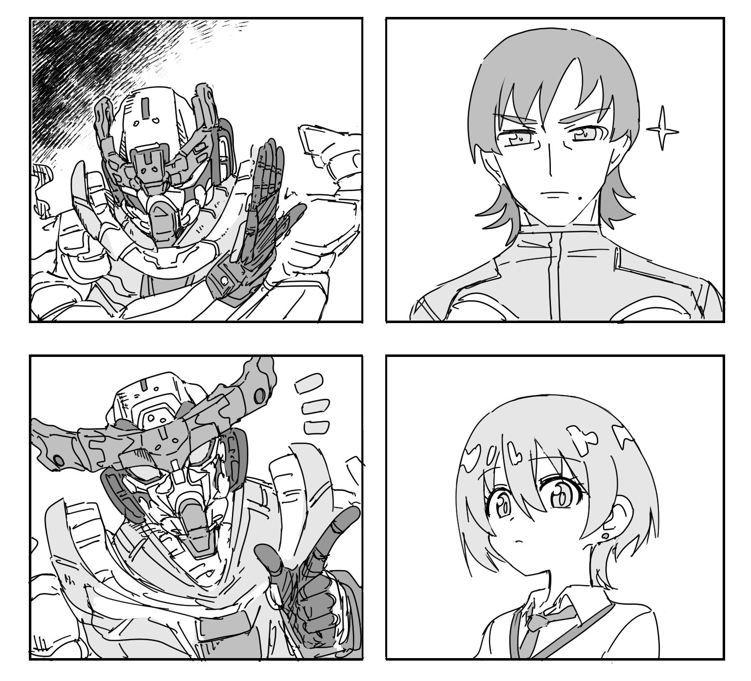 1boy 1girl amate_yuzuriha drakeposting_(meme) earrings gquuuuuux greyscale gundam gundam_gquuuuuux highres jewelry mecha meme mobile_suit mole mole_under_mouth monochrome necktie robot sparkle stud_earrings togarashi_no_shinseki xavier_olivette