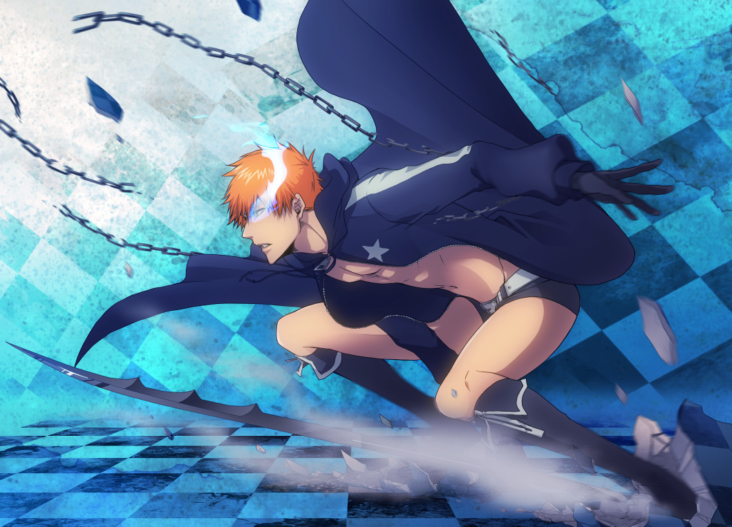1boy black_boots black_cape black_gloves black_rock_shooter_(character) black_rock_shooter_(character)_(cosplay) black_shorts bleach boots cape chain checkered_floor cosplay flaming_eye from_side full_body gloves knee_boots kurosaki_ichigo male_focus masaki_(logic15) open_mouth orange_hair short_shorts shorts solo star_(symbol) star_print