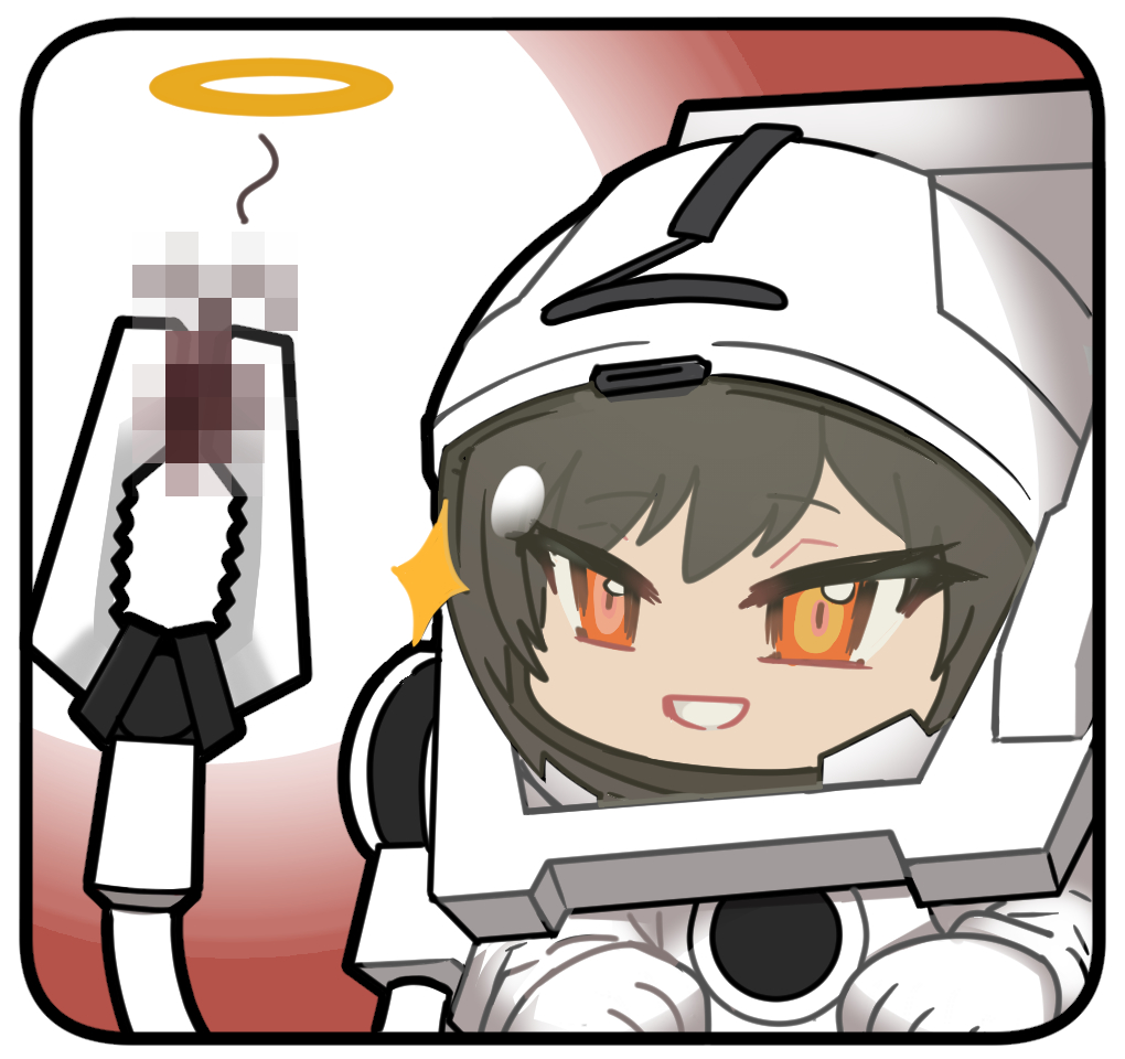 1girl artist_request black_hair censored check_artist chibi chibi_only chinese_commentary girls&#039;_frontline girls&#039;_frontline_neural_cloud halo helmet madcore mosaic_censoring official_art red_eyes second-party_source solo spacesuit sparkle xinghuan_(neural_cloud)