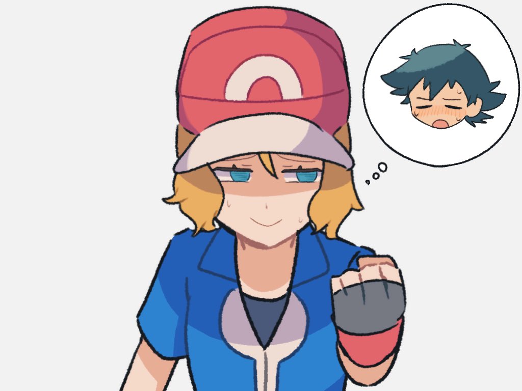 1girl ash_ketchum ash_ketchum_(cosplay) blonde_hair blue_eyes blue_jacket clenched_hand closed_mouth commentary_request cosplay creatures_(company) fingerless_gloves game_freak gloves hair_between_eyes hand_up hat hiiro99522 jacket nintendo pokemon pokemon_(anime) pokemon_xy_(anime) raised_eyebrows serena_(pokemon) shaded_face shirt short_hair sideways_glance simple_background smile speech_bubble sweat thought_bubble white_background