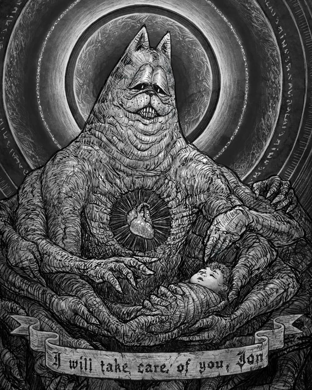 animal_ears baby black_sclera body_horror bright_pupils cat cat_ears colored_sclera commentary eldritch_abomination english_commentary english_text evil_smile exposed_heart extra_arms garfield garfield_(character) greyscale heart highres horror_(theme) jon_arbuckle jr_(jarsarts) monochrome ribbon smile title white_pupils