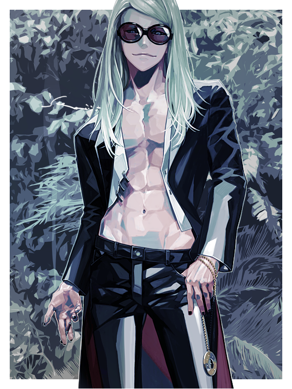 1boy bare_pectorals black_nails black_pants border cowboy_shot fate/grand_order fate_(series) jacket jewelry long_hair male_focus navel necklace open_clothes open_jacket outside_border pants pectorals sei_8220 solo sunglasses tezcatlipoca_(fate) thumb_in_pocket toned toned_male white_border