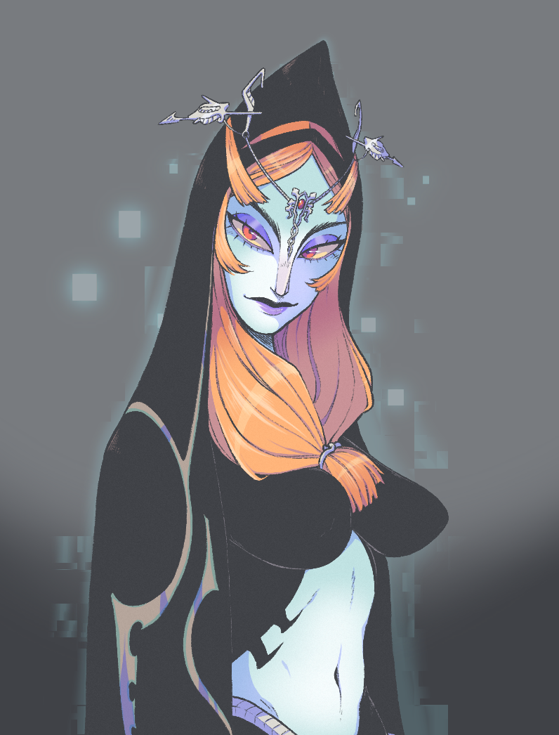 1girl bioluminescence breasts cayfett circlet eyeshadow glowing grey_background hood large_breasts long_hair looking_at_viewer makeup midna midna_(true) nintendo orange_hair purple_lips smile solo the_legend_of_zelda the_legend_of_zelda:_twilight_princess upper_body yellow_eyes