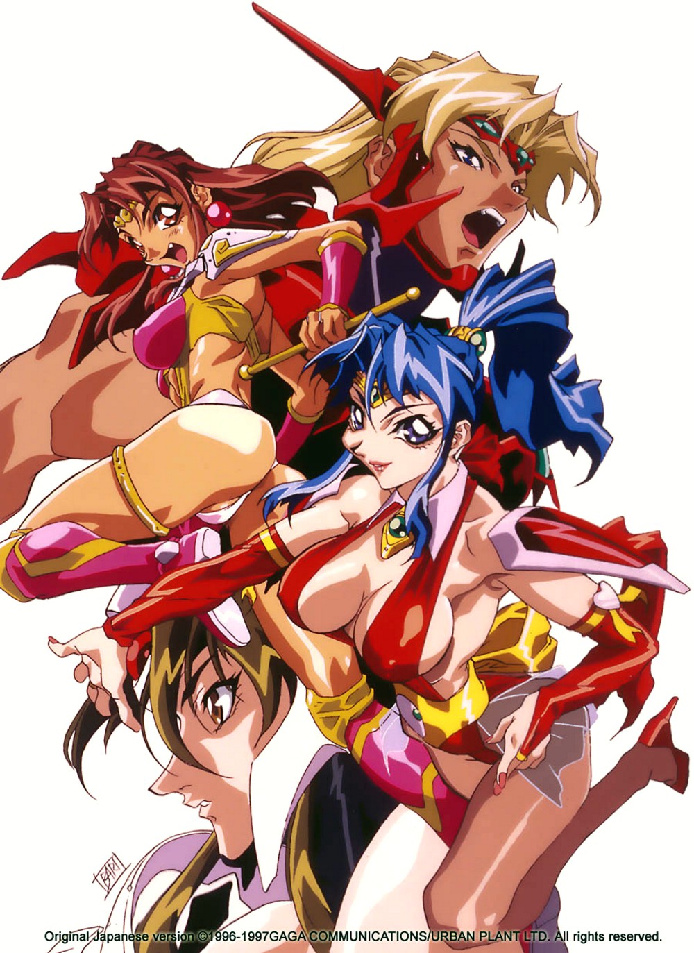 1990s_(style) 1boy 3girls armor asahina_suzu ass blue_hair breasts brown_hair choujin_gakuen_gowcaizer cleavage covered_erect_nipples fang g-string highres hishizaki_shaia_(gowcaizer) kaiza_isato lipstick makeup multiple_girls oobari_masami pantyhose power_suit retro_artstyle ribbon sideboob son_karin technos thong