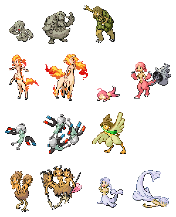6+girls akai_(ugokashitari) alternate_form animalization beak centaur commentary_request conjoined dewgong dodrio doduo extra_arms fangs farfetch&#039;d fiery_tail fins full_body gen_1_pokemon geodude golem_(pokemon) graveler harpy horns magnemite magnet magneton monster_girl multiple_girls multiple_heads nintendo personification pixel_art pokemon ponyta rapidash rock seel shellder single_horn slowbro slowpoke spring_onion standing tail talons taur teeth transparent_background white_background winged_arms wings