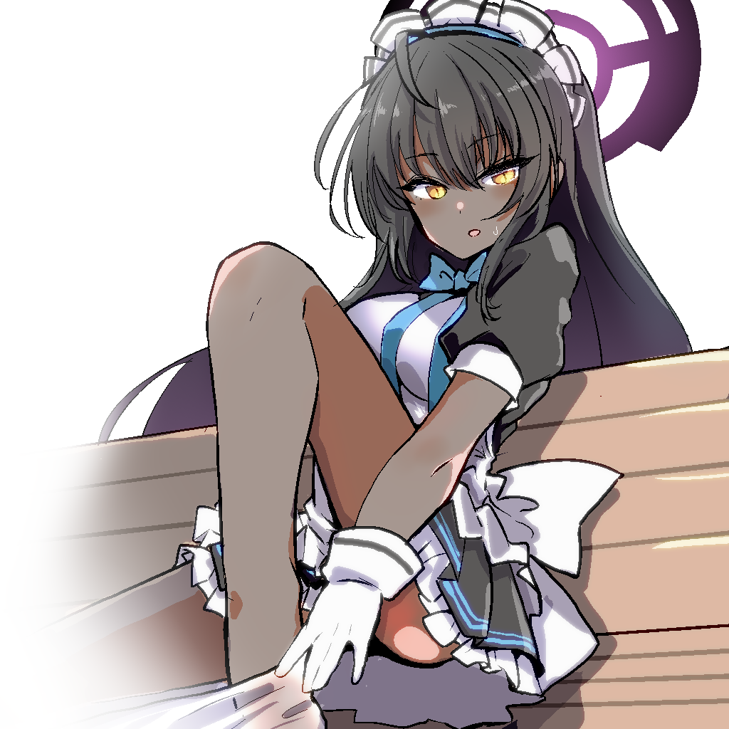 1girl blue_archive dark-skinned_female dark_skin halo karin_(blue_archive) looking_at_viewer maid mengnaidu miniskirt pantyhose sitting skirt solo white_pantyhose yellow_eyes