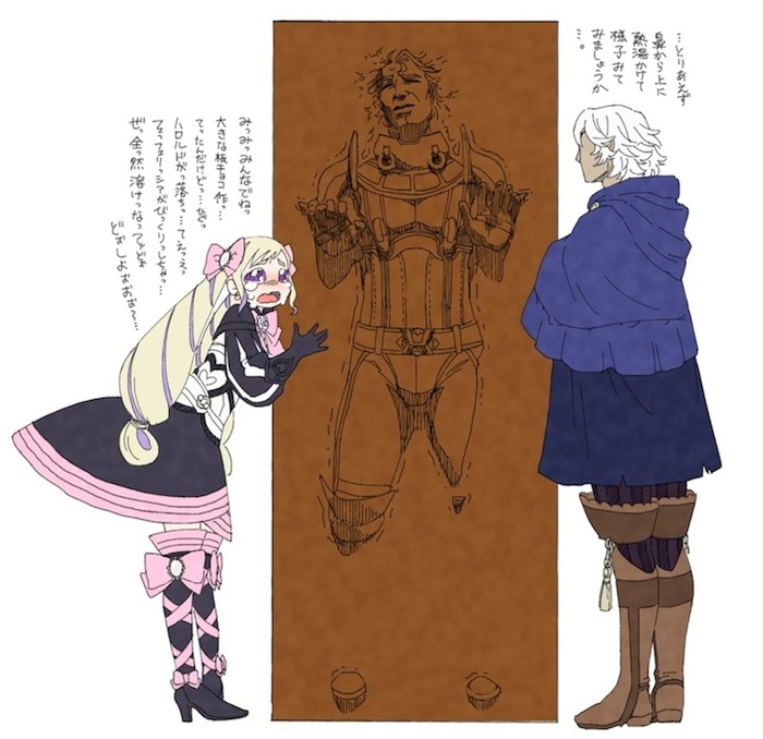 1girl 2boys 40_078u aristocratic_clothes arthur_(fire_emblem_fates) black_dress blonde_hair boots bow brown_boots crying dress drill_hair elise_(fire_emblem) fire_emblem fire_emblem_fates hair_bow long_hair looking_at_viewer multicolored_hair multiple_boys niles_(fire_emblem) nintendo open_mouth pink_bow purple_eyes purple_hair streaked_hair translation_request twin_drills twintails