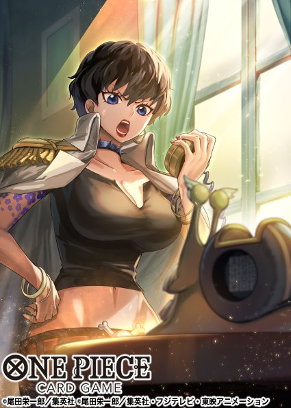 1girl arm_tattoo black_hair black_shirt blue_eyes bracelet choker collared_shirt commentary_request copyright_name den_den_mushi doll_(one_piece) epaulettes hair_between_eyes hand_on_own_hip indoors jewelry official_art one_piece one_piece_card_game open_mouth phima red_lips shirt short_hair solo spiked_choker spikes sweatdrop tattoo upper_body