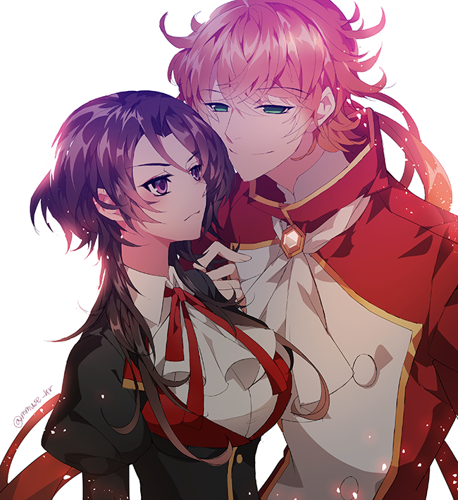 1boy 1girl ascot bad_id bad_pixiv_id black_hair blouse breasts brooch closed_mouth collared_shirt green_eyes hand_in_another&#039;s_hair jewelry jooubachi_no_oubou kaguya_(jooubachi_no_oubou) long_hair muse_(rainforest) purple_eyes red_hair red_ribbon ribbon school_uniform shirt smile sumeragi_(jooubachi_no_oubou) white_background