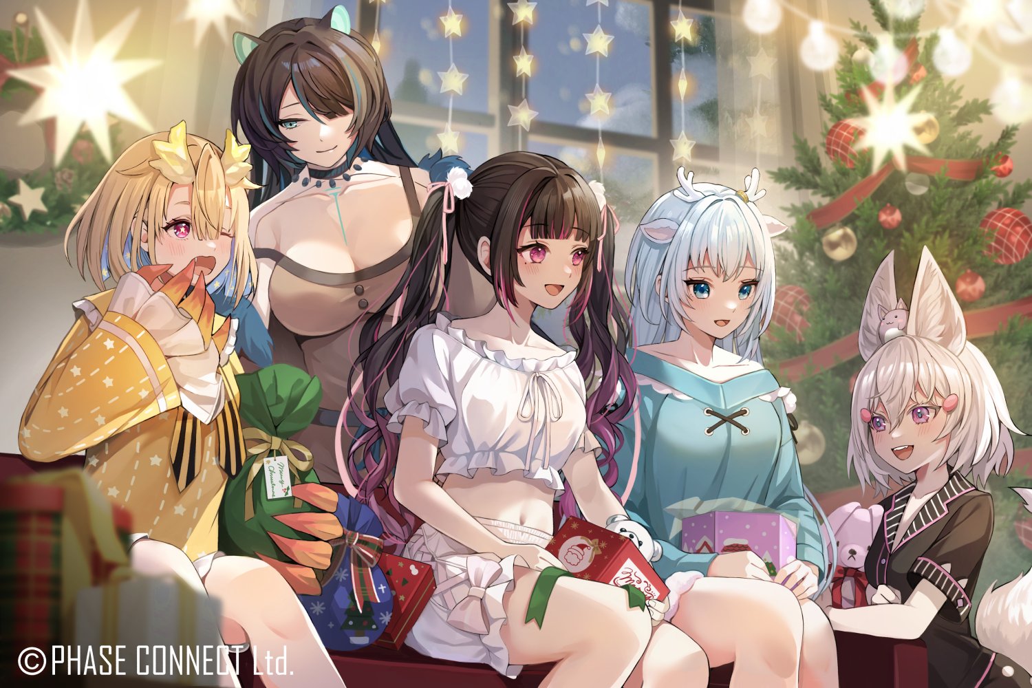5girls animal animal_ear_fluff animal_on_head bauble black_hair blonde_hair blue_hair blurry blurry_foreground bow box breasts christmas_ornaments christmas_tree claws cleavage collarbone colored_inner_hair copyright_notice couch crop_top dragon_claw dragon_girl dragon_horns erina_makina fox_girl fox_tail frilled_shirt frills gift gift_box green_ribbon hair_between_eyes hair_ornament hair_over_one_eye hakushika_iori himemiya_rie holding holding_gift horns large_breasts medium_breasts moguta_(moguta9) multicolored_hair multiple_girls on_couch on_head one_eye_closed open_mouth phase_connect pink_eyes pink_hair pom_pom_(clothes) pom_pom_hair_ornament purple_eyes ribbon shirt short_hair shorts sitting small_breasts star-shaped_pupils star_(symbol) star_print streaked_hair stuffed_animal stuffed_toy symbol-shaped_pupils tail teddy_bear tenma_maemi twintails utatane_nasa virtual_youtuber white_bow white_shirt white_shorts window wreath yawning