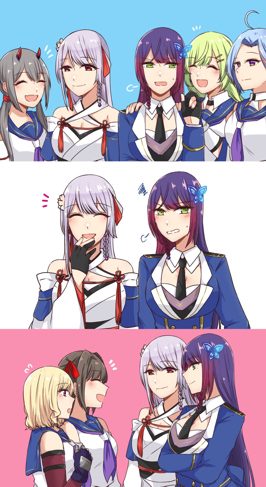 6+girls :d ^_^ ahoge annoyed arm_at_side arm_under_breasts arms_at_sides arms_under_breasts assault_lily bare_shoulders black_gloves black_necktie blonde_hair blue_background blue_hair blue_jacket blue_sailor_collar blush border braid breasts brown_hair cleavage clenched_teeth closed_eyes closed_mouth collared_shirt commentary criss-cross_halter crop_top crossed_arms detached_sleeves epaulettes facing_another facing_viewer fang fingerless_gloves flower flower_knot flying_sweatdrops from_side fujita_asagao funada_kiito funada_ui gauntlets gloves green_eyes green_hair grey_hair grey_shirt hair_flower hair_intakes hair_ornament hair_ribbon half_gloves halterneck hand_on_another's_arm hand_on_own_chest hand_up hands_on_another's_shoulders hands_up highres horns igusa_subaru imamura_yukari_(assault_lily) jacket japanese_clothes kawabata_hotaru kimono kozue_west large_breasts light_smile long_hair long_sleeves looking_at_another looking_at_viewer looking_to_the_side low_twintails mechanical_horns medium_breasts mole mole_under_eye mole_under_mouth multiple_girls multiple_views neckerchief necktie nigari_(ngari_0115) notice_lines obi obijime odaiba_girls_high_school_uniform open_mouth parted_bangs parted_lips pink_background pink_flower profile puff_of_air purple_eyes purple_hair purple_neckerchief red_horns red_ribbon ribbon sailor_collar sash school_uniform serafuku shirt short_hair siblings side-by-side side_braid sideways_glance simple_background single_braid sisters skin_fang sleeveless sleeveless_shirt smile squiggle standing sweatdrop tassel tassel_hair_ornament teeth twintails undershirt upper_body v-shaped_eyebrows very_long_hair white_background white_kimono white_ribbon white_shirt