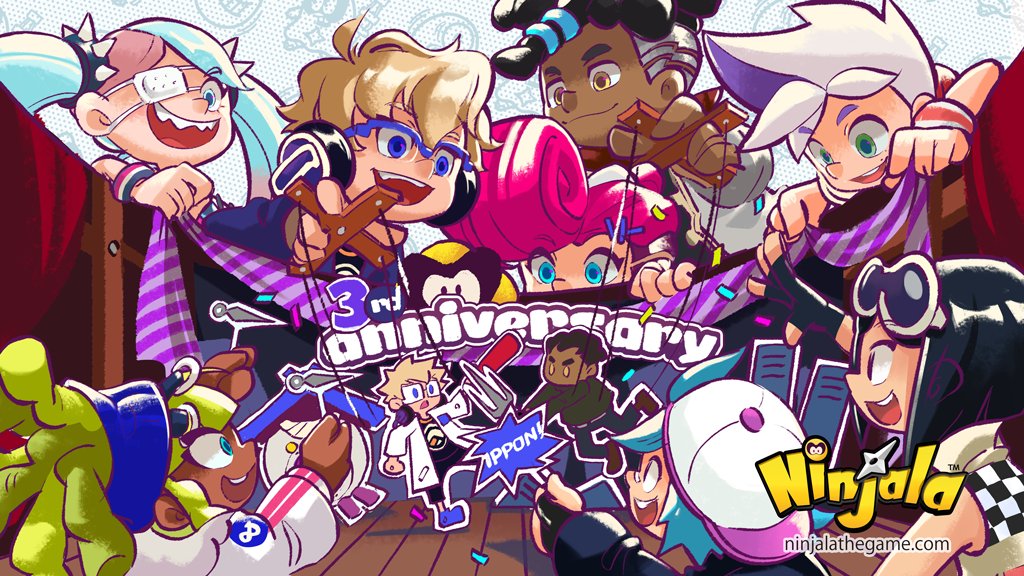 4girls 5boys ahoge alien anniversary aqua_eyes aqua_hair asymmetrical_hair backwards_hat bare_arms bare_shoulders baseball_cap belt belted_jacket berecca black_bridal_gauntlets black_hair black_shirt blonde_hair blue-framed_eyewear blue_eyes blue_hairband blue_pupils blue_sleeves bridal_gauntlets burton_(ninjala) character_background checkered_clothes checkered_jacket checkered_print child closed_mouth coat commentary copyright_name copyright_notice creature dark-skinned_female dark-skinned_male dark_skin double_vertical_stripe dreadlocks emma_(ninjala) english_commentary everyone eyelashes eyepatch eyewear_on_head fluffy_hair freckles fur-trimmed_jacket fur_trim green_eyes green_pupils gumchi gungho hair_ornament hair_tie hairband hairclip halftone halftone_background hat headphones high_collar jacket jane_(ninjala) kappei_(ninjala) kinky_hair lap logo long_hair long_sleeves lucy_(ninjala) medical_eyepatch medium_hair multicolored_hair multicolored_jacket multiple_boys multiple_girls ninjala nose official_art one_eye_covered open_clothes open_coat open_mouth parted_bangs pink_belt pink_hair polka_dot polka_dot_background pompadour popped_collar print_jacket print_sleeves profile puffy_long_sleeves puffy_sleeves puppet purple_hair rianti-wong ron_(ninjala) round_eyewear second-party_source semi-rimless_eyewear sharp_teeth shirt shuriken sidelocks sideways_mouth smile spiked_hair_ornament striped_clothes striped_sleeve_cuffs striped_sleeves striped_wristband sunglasses teeth thick_eyebrows tongue twintails two-tone_hair two-tone_jacket undercut unzipped upper_teeth_only van_(ninjala) vertical-striped_clothes vertical-striped_sleeves very_long_hair watching watermark weapon web_address white-framed_eyewear white_background white_coat white_hair white_hat white_jacket white_sleeve_cuffs white_sleeves wristband yellow_eyes