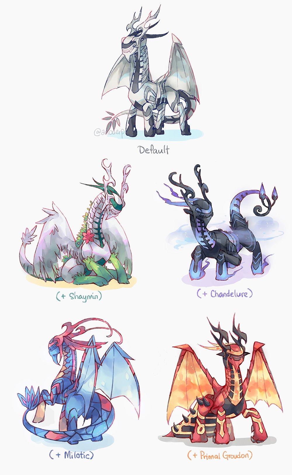 5others alternate_form anocurry antennae aura chandelure character_name claws company_connection corrin_(dragon)_(fire_emblem) dragon feathers fire_emblem fire_emblem_fates flower fusion gen_3_pokemon gen_4_pokemon gen_5_pokemon grey_background groudon highres horns legendary_pokemon milotic multiple_others mythical_pokemon nintendo pokemon pokemon_(creature) primal_groudon shaymin shaymin_(sky) simple_background sitting spiked_tail spikes tail wings