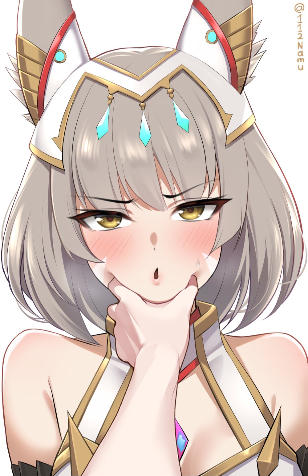 1girl :o animal_ears blush breasts cat_ears cheek_squash chest_jewel cleavage core_crystal_(xenoblade) facial_mark furrowed_brow grabbing_another&#039;s_face grey_hair head_grab highres meme namu_(112namu) nia_(xenoblade) open_mouth pinching pov pov_cheek_grabbing_(meme) pov_hands short_hair small_breasts solo solo_focus squeezing_cheeks xenoblade_chronicles_(series) xenoblade_chronicles_3 yellow_eyes