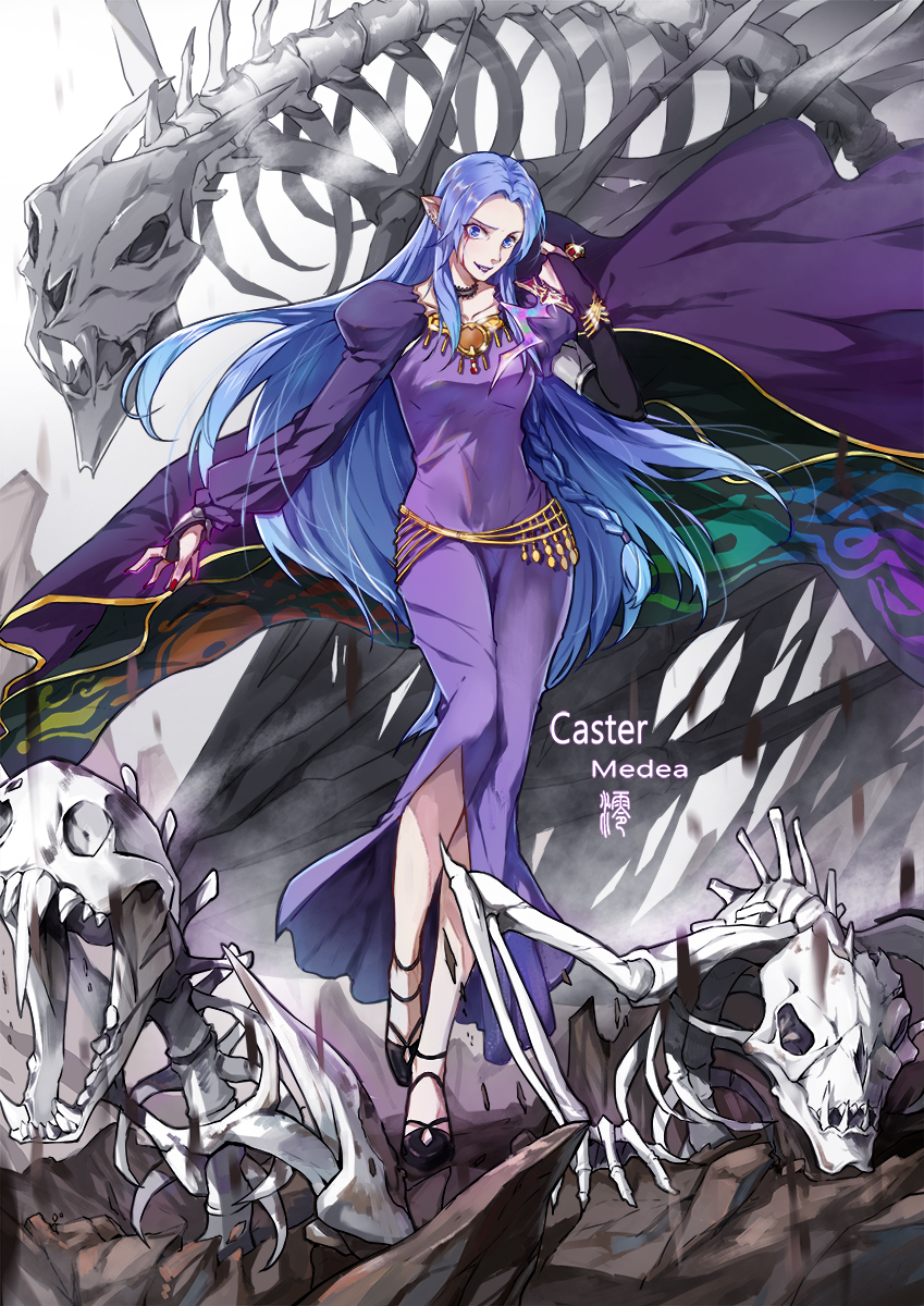 1girl black_shoes blood bloody_tears blue_eyes character_name cloak dress fate/stay_night fate_(series) female_focus highres jun_ling medea_(caster)_(fate) medea_(fate) no_headwear pointy_ears purple_dress robe rulebreaker shoes skeleton solo undead