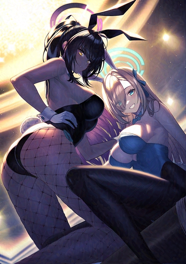 2girls animal_ears ass asuna_(blue_archive) asuna_(bunny)_(blue_archive) bare_shoulders black_hair black_leotard black_pantyhose blonde_hair blue_archive blue_bow blue_bowtie blue_eyes blue_halo blue_leotard blue_ribbon blurry blurry_background bow bowtie breasts cleavage commentary dark-skinned_female dark_skin detached_collar eyes_visible_through_hair fake_animal_ears fishnet_pantyhose fishnets gloves hair_ribbon halo karin_(blue_archive) karin_(bunny)_(blue_archive) large_breasts leotard looking_at_viewer multiple_girls official_alternate_costume pantyhose playboy_bunny ponytail purple_halo rabbit_ears rabbit_tail ribbon sitting smile standing symbol-only_commentary tail unowen white_gloves yellow_eyes