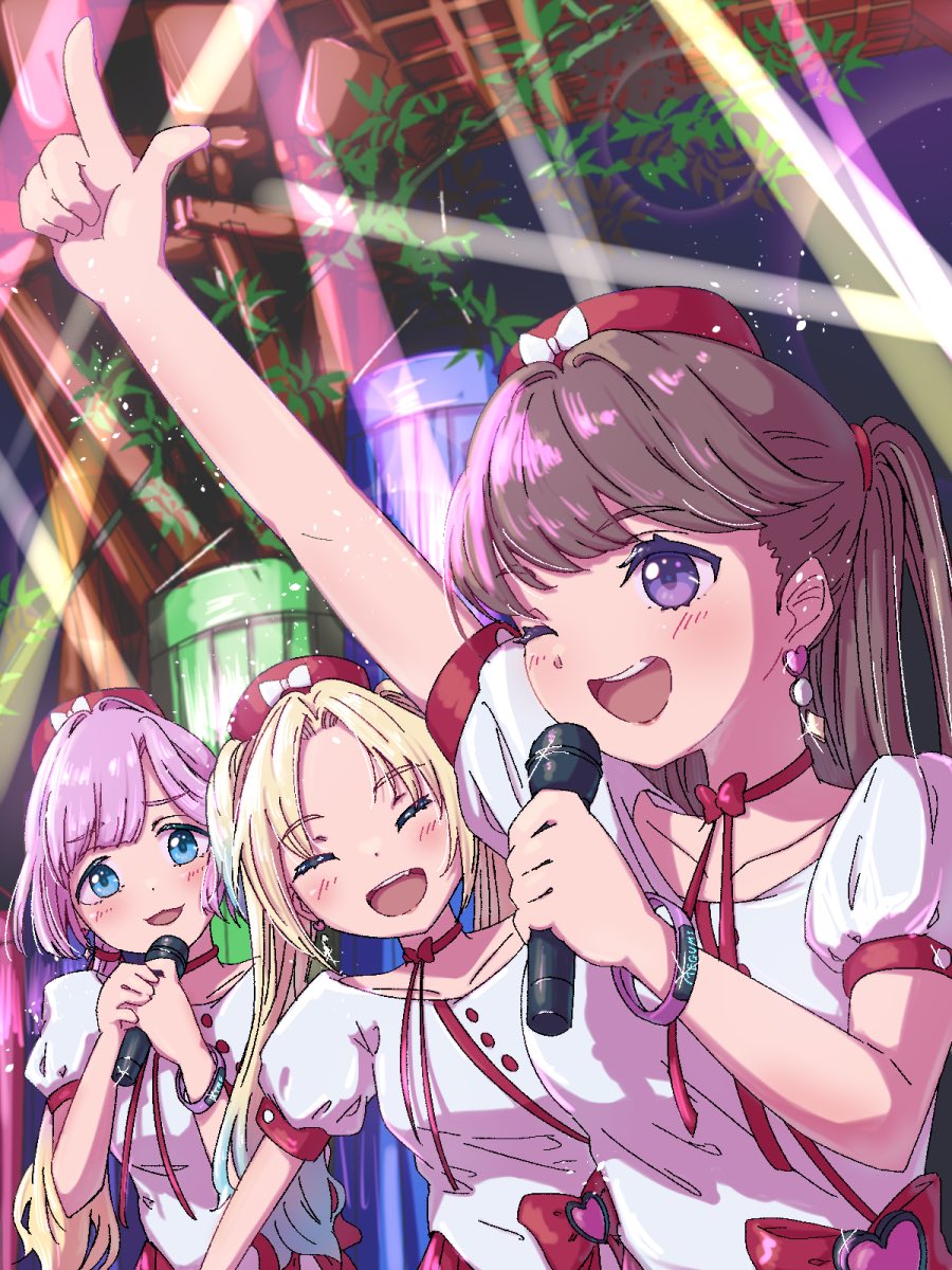 3girls :3 :d ;d ^_^ anyoji_hime arm_up blonde_hair blue_eyes blue_hair blush breasts brown_hair closed_eyes collarbone commentary_request curtained_hair dress finger_gun fujishima_megumi fukinagashi gradient_hair hat highres holding holding_microphone kanazawa_station link!_like!_love_live! long_hair love_live! medium_breasts microphone mira-cra_park! miracreation/elegance multicolored_hair multiple_girls one_eye_closed open_mouth osawa_rurino outdoors ponytail puffy_short_sleeves puffy_sleeves purple_eyes red_hat reddevils10 short_sleeves smile teeth twintails two_side_up upper_body upper_teeth_only virtual_youtuber white_dress