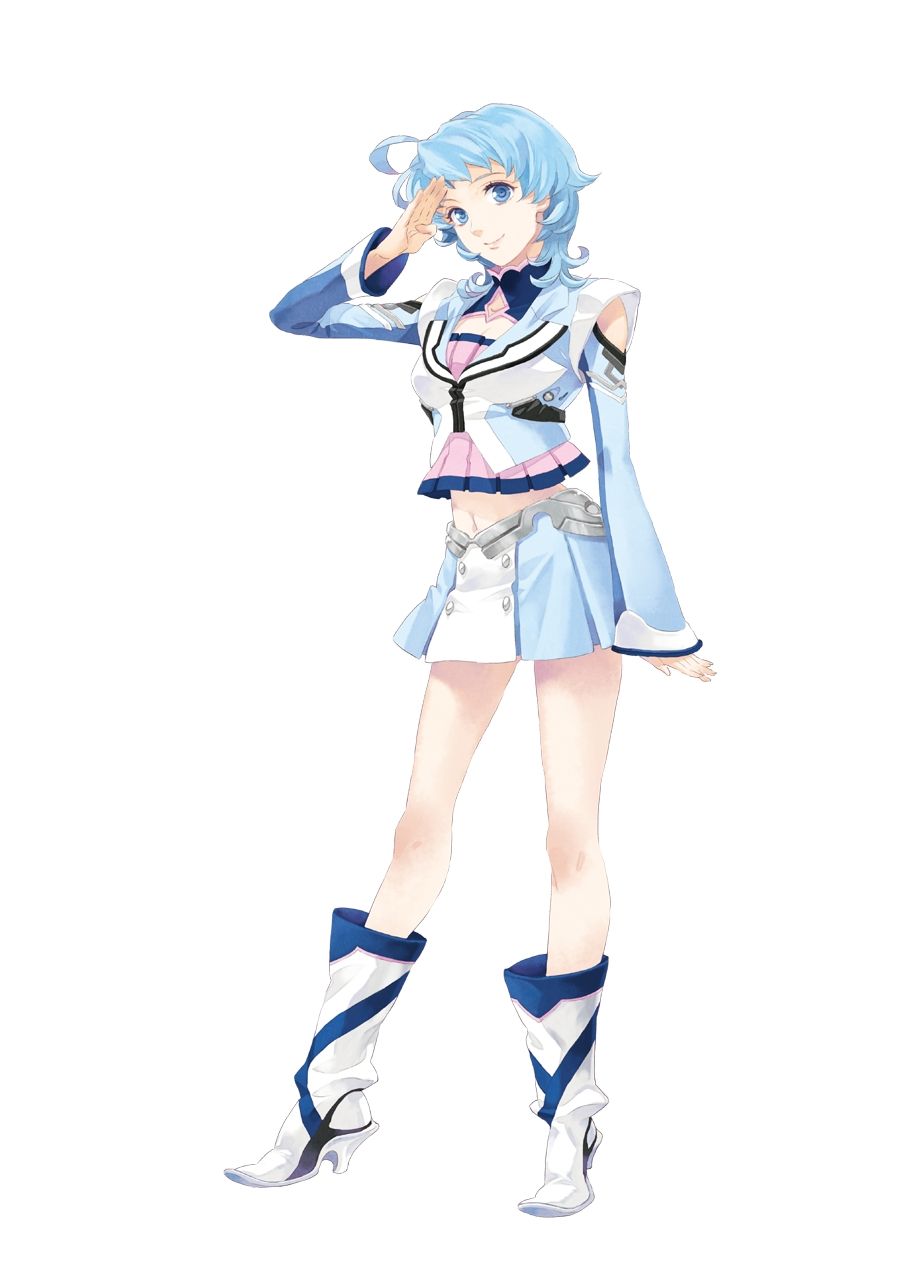 1girl al-3_alice antenna_hair blue_eyes blue_hair boots chiyoko crop_top female_focus full_body highres knee_boots long_sleeves looking_at_viewer midriff mini_person minigirl navel official_art salute short_hair simple_background skirt smile solo standing super_robot_wars white_background