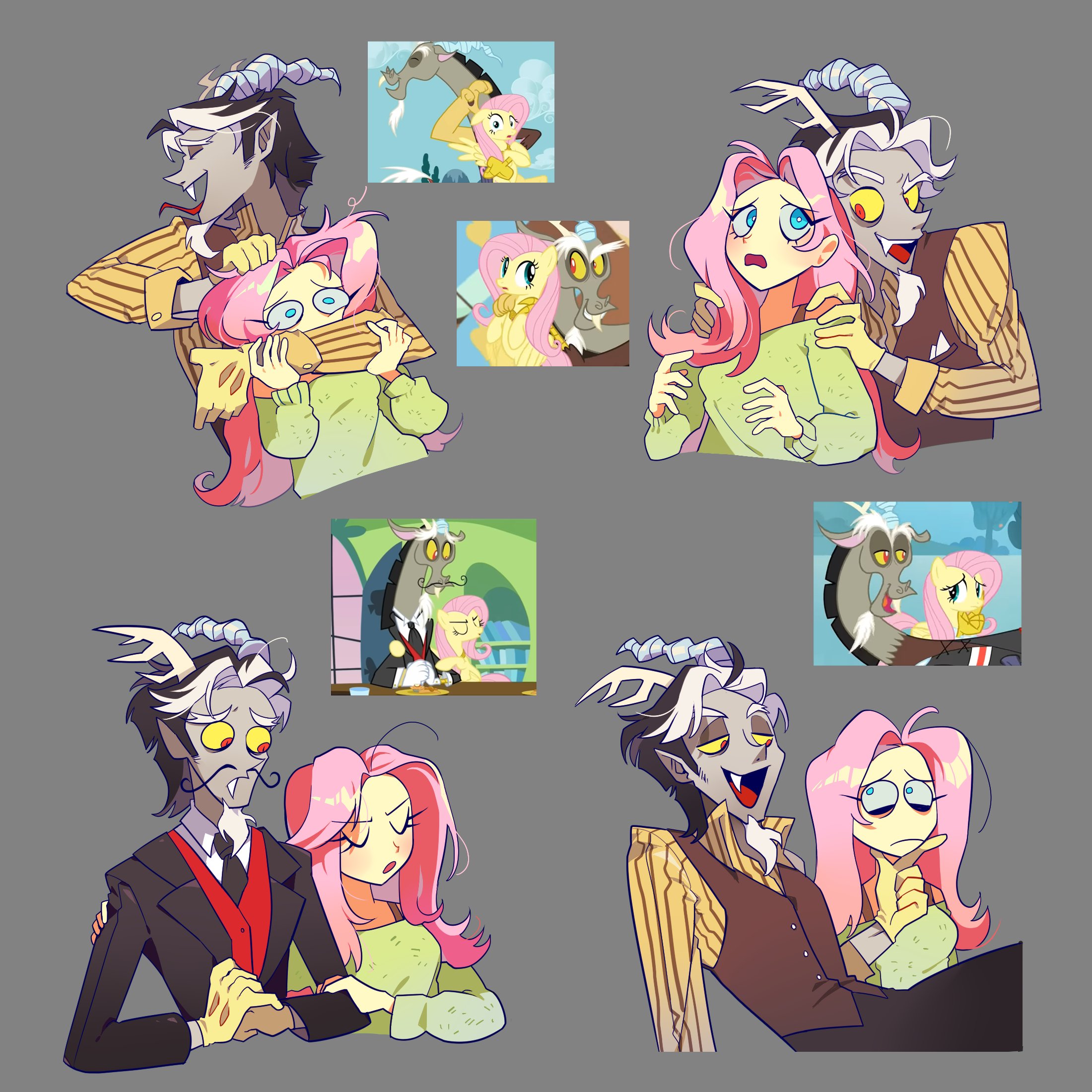 1boy 1girl asymmetrical_horns blue_eyes colored_sclera colored_skin discord_(my_little_pony) fluttershy green_sweater grey_background grey_skin hand_up highres horns long_hair long_sleeves looking_to_the_side mismatched_horns my_little_pony my_little_pony:_friendship_is_magic open_mouth pelma personification pink_hair reference_inset simple_background sweater very_long_hair yellow_sclera yellow_skin