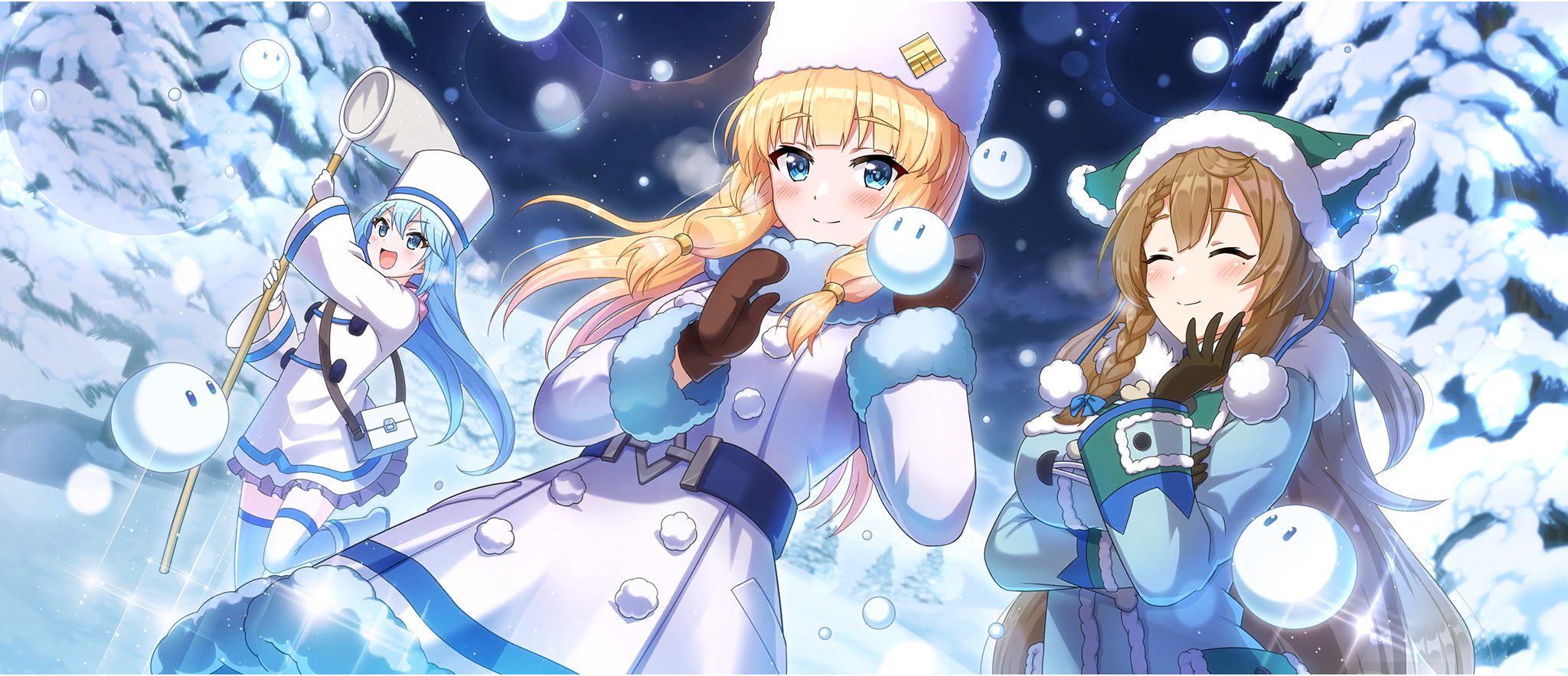 3girls :d amy_(konosuba) animal_ear_headwear ankle_boots aqua_(konosuba) arm_under_breasts bag beanie belt blonde_hair blue_belt blue_eyes blue_hair blunt_bangs blush boots braid braided_sidelock breath brown_gloves brown_hair brown_mittens buttons cecily_(konosuba) closed_mouth coat creature double-breasted duffel_coat fake_animal_ears fur-trimmed_coat fur-trimmed_headwear fur_hat fur_trim game_cg gloves green_coat green_hat hair_tie hand_net hand_on_own_chin hand_up hands_up hat highres kono_subarashii_sekai_ni_shukufuku_wo! konosuba!_fantastic_days landscape leg_up light_smile long_hair looking_at_viewer low-tied_sidelocks mittens mole mole_under_eye multiple_girls night night_sky official_alternate_costume official_art open_mouth outdoors papakha pine_tree pom_pom_(clothes) shoulder_bag sidelocks sky smile snow snow_on_tree snowing thighhighs tree v-shaped_eyebrows very_long_hair white_coat white_footwear white_gloves white_hat white_thighhighs winter winter_clothes winter_coat