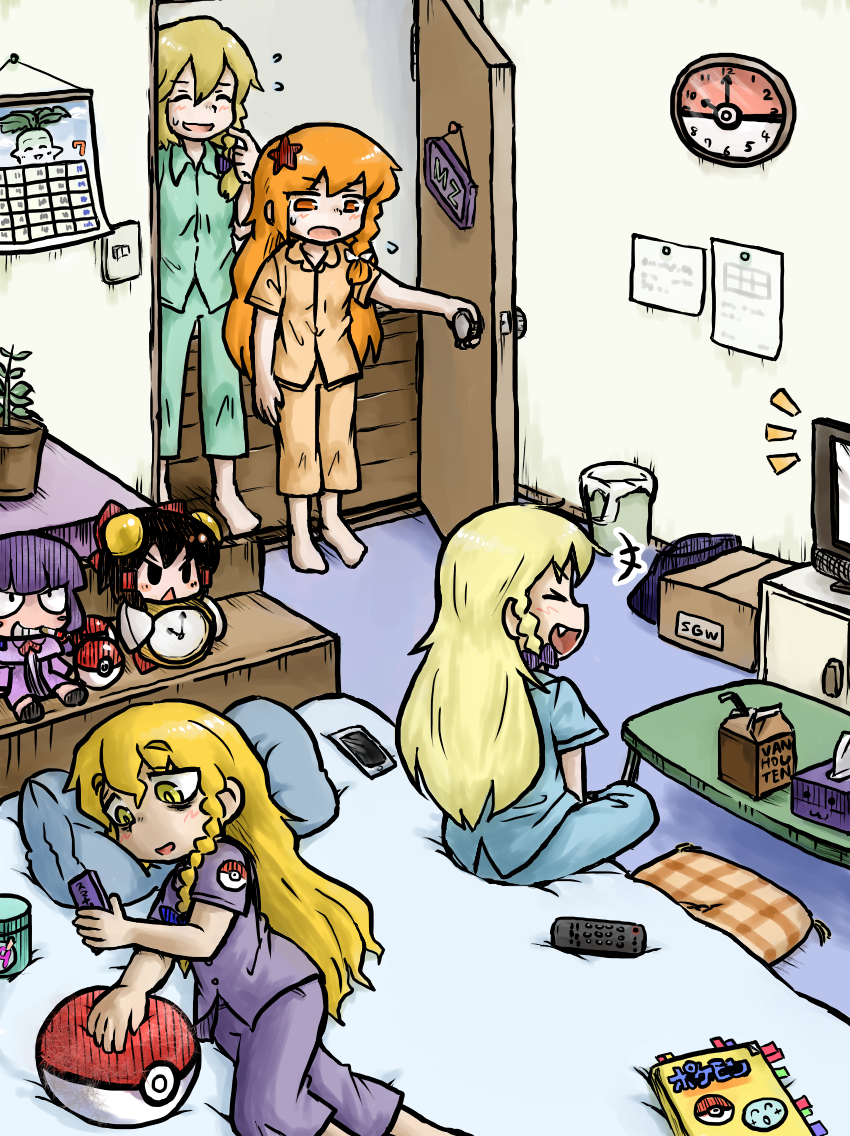 +++ 4girls :d azusa_(cookie) barefoot blonde_hair blue_pants blue_shirt blush bow braid bseibutsu calendar_(object) cellphone character_doll circled_9 clock closed_eyes commentary_request controller cookie_(touhou) doll fang full_body green_pants green_shirt grin hair_bow hair_ornament hakurei_reimu indoors kirisame_marisa long_hair looking_at_another mars_(cookie) milk_carton multiple_girls nintendo on_bed open_mouth orange_eyes orange_hair orange_pants orange_shirt pants patchouli_knowledge phone pillow plant poke_ball pokemon poster_(object) potted_plant purple_bow purple_pants purple_shirt red_star rei_(cookie) remote_control reu_daikon sakenomi_(cookie) shirt side_braid single_braid sitting smartphone smile standing star_(symbol) star_hair_ornament taisa_(cookie) touhou trash_can uzuki_(cookie) van_houten wall_clock yellow_eyes