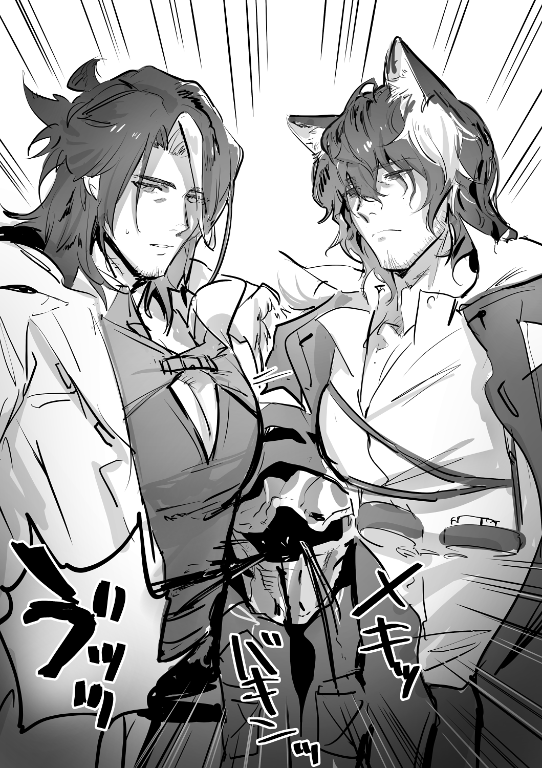 1other 2boys ambiguous_gender animal_ear_fluff animal_ears arknights aroused_nosebleed beard_stubble between_pecs between_pectorals blood boy_sandwich closed_mouth coat collared_shirt covered_face creator_connection curtained_hair doctor_(arknights) emphasis_lines excessive_nosebleed expressionless eyewear_around_neck facial_hair fox_boy fox_ears goggles goggles_around_neck greyscale haiki_(tegusu) hair_between_eyes half_updo head_between_pecs highres hood hood_up hooded_coat long_hair looking_at_another looking_down male_focus mature_male medium_hair mole mole_on_chest mole_on_neck mole_under_eye monochrome multicolored_hair multiple_boys nosebleed nowell_(arknights) open_clothes open_coat parted_lips pectoral_cleavage pectorals popped_collar sandwiched shirt simple_background streaked_hair stubble sweatdrop swept_bangs totter_(arknights) translation_request upper_body white_background