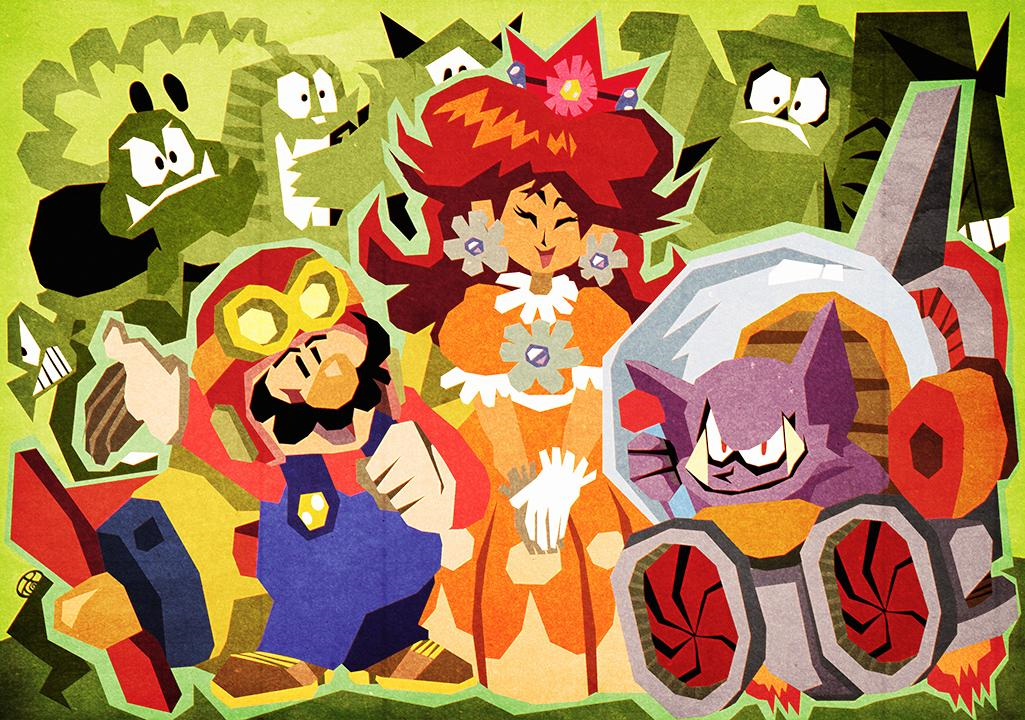 1boy 1girl aircraft airplane alien b._koopa big_nose biokinton bombshell_koopa crown dress earrings facial_hair fangs flower_earrings gem gloves goombo grin hand_up hiyoihoi jet jewelry king_totomesu mario mario_(series) mr.whatshisname mustache nintendo orange_dress overalls pilot_hat pionpi plane plumber princess_daisy red_eyes red_hair smile super_mario_land tatanga turtle white_gloves
