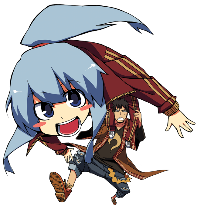1boy 1girl bad_id bad_pixiv_id black_hair blue_eyes blue_hair blush_stickers carrying clenched_teeth denim densetsu_kyoudai! holding jacket jeans kashiwagi_deshiko kashiwagi_kizuna leaning leg_up open_mouth pants ponytail running shirt shoes short_hair sitting sitting_on_shoulder sneakers sweatpants sweater t-shirt teeth torn_clothes track_suit yaza