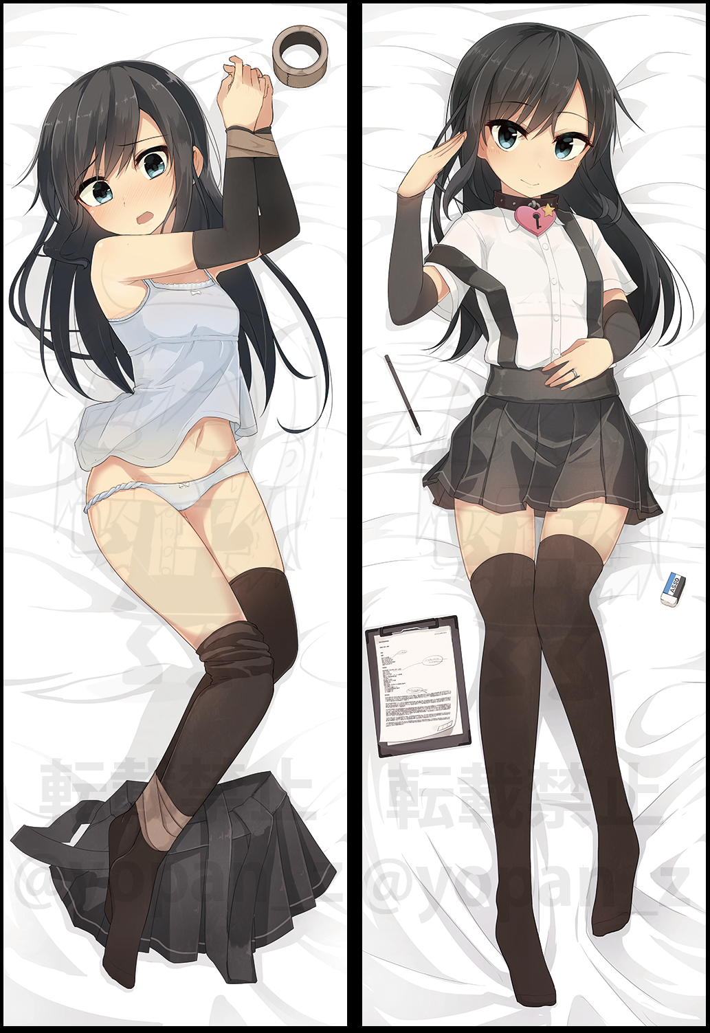 10s 1girl :o arm_warmers armpits asashio_(kancolle) bad_id bad_pixiv_id bdsm bed_sheet black_hair black_skirt black_thighhighs blue_eyes blue_panties blush bondage border bound bound_ankles bound_wrists bow bow_panties breasts buttons camisole clipboard closed_mouth collar collared_shirt dakimakura_(medium) eraser from_above full_body groin hand_on_own_stomach hands_up head_tilt heart heart-shaped_lock heart_lock heart_lock_(kantai_collection) highres jewelry kantai_collection knees_together_feet_apart light_smile long_hair looking_at_viewer lying midriff miniskirt multiple_views navel no_shoes on_back on_bed open_mouth panties panty_pull paper parted_bangs pencil pleated_skirt raised_eyebrow ring salute sample_watermark school_uniform see-through_clothes shirt short_sleeves skirt slave small_breasts smile star_(symbol) strap_slip studded_collar suspender_skirt suspenders tape tape_bondage thigh_gap thighhighs thighhighs_pull twitter_username underwear unworn_skirt watermark wedding_band white_shirt yopan_danshaku zettai_ryouiki