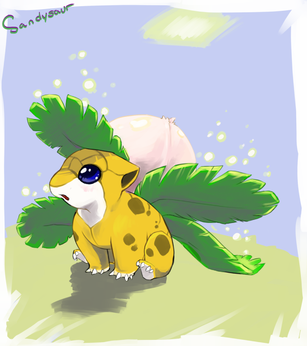 :o blue_eyes blue_sky character_name claws creature creatures_(company) day desert full_body fusion game_freak gen_1_pokemon guroicandy ivysaur looking_away looking_to_the_side nintendo no_humans outdoors pokemon pokemon_(creature) sand sandshrew sitting sky solo